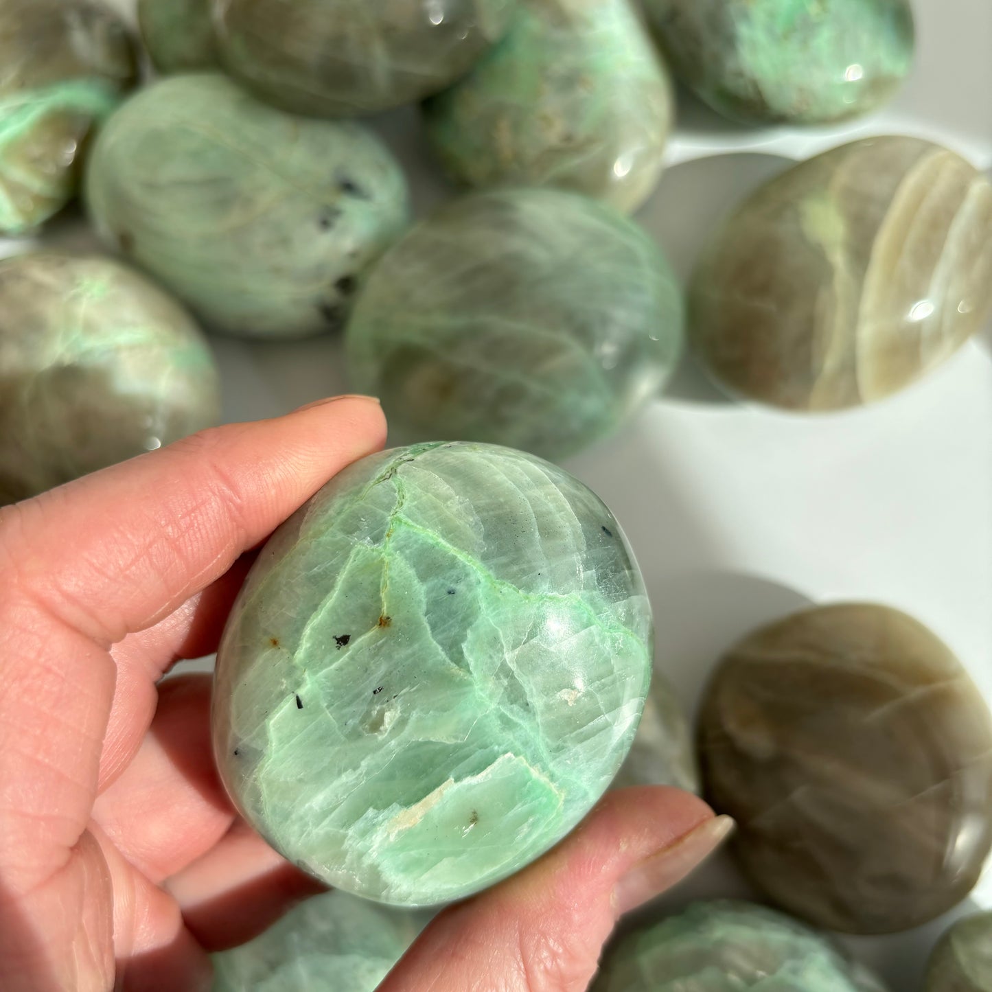 Garnierite - Green Moonstone Palmstone - Shiny Crystals