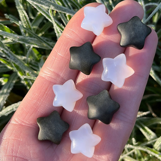 A Pair of Tiny Golden Obsidian & Blue Chalcedony Stars - Shiny Crystals