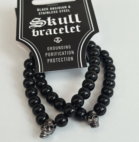 Black Obsidian Skull Bracelet - Shiny Crystals