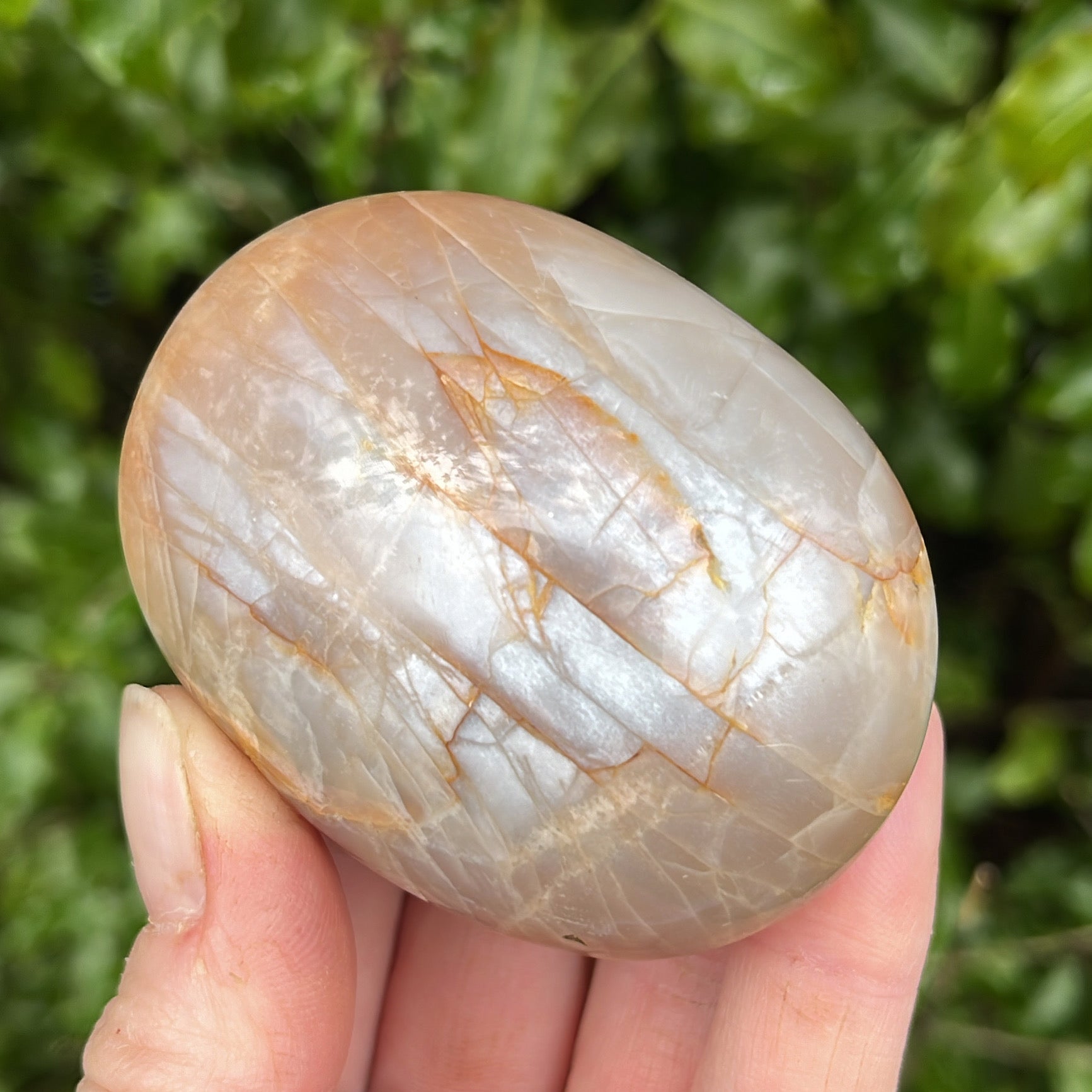 Chunky & Flashy Peach Moonstone Palmstone - Shiny Crystals