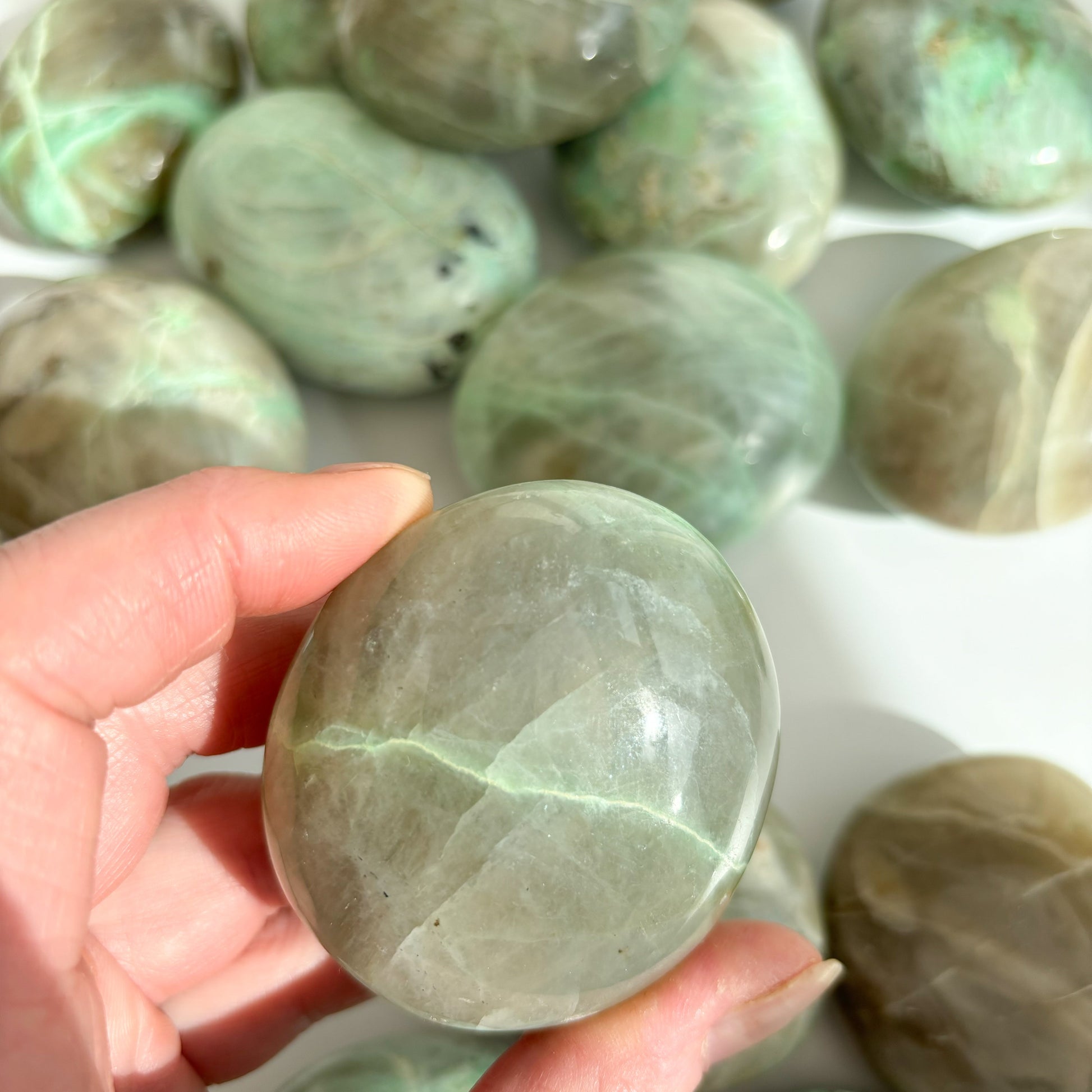 Garnierite - Green Moonstone Palmstone - Shiny Crystals