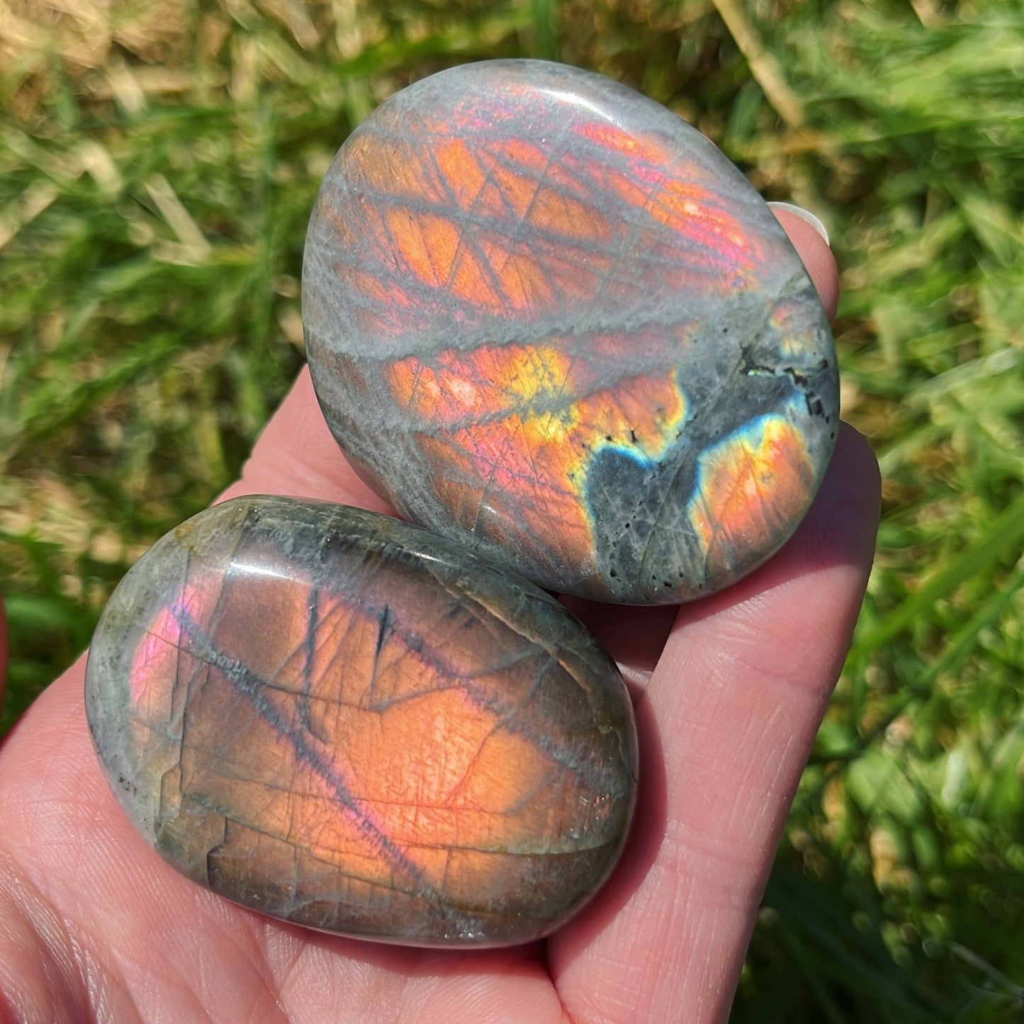 Orange Flash Labradorite Palmstone - Shiny Crystals