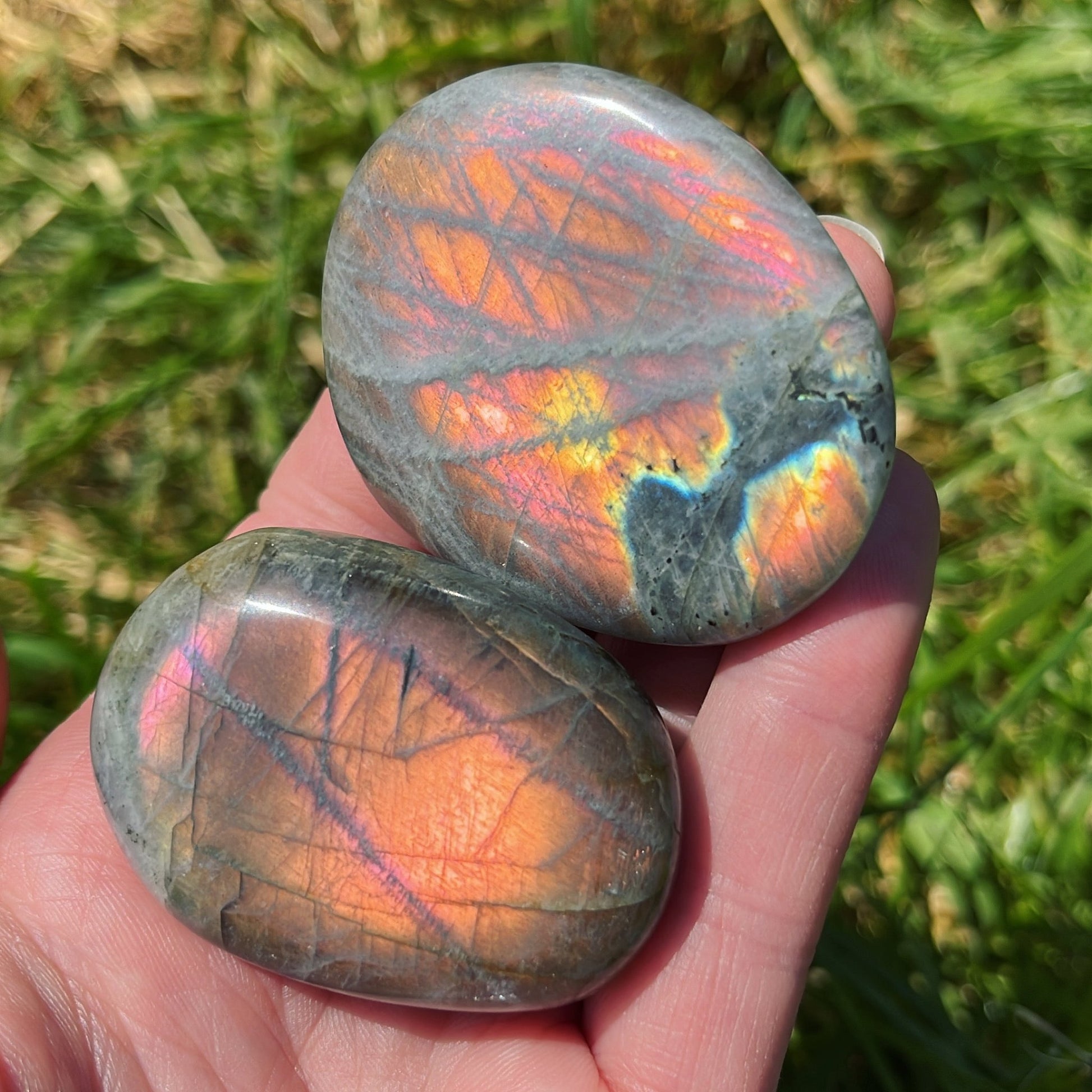 Orange Flash Labradorite Palmstone - Shiny Crystals