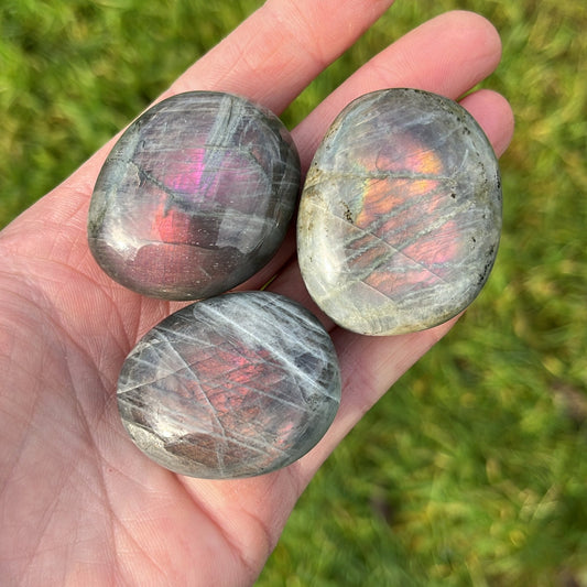 Purple/Orange Flash Labradorite Palmstone - Shiny Crystals