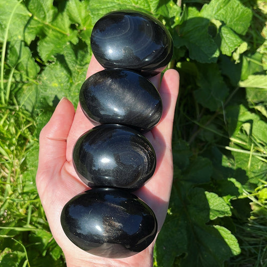 Silver Sheen Obsidian Palmstone - Shiny Crystals