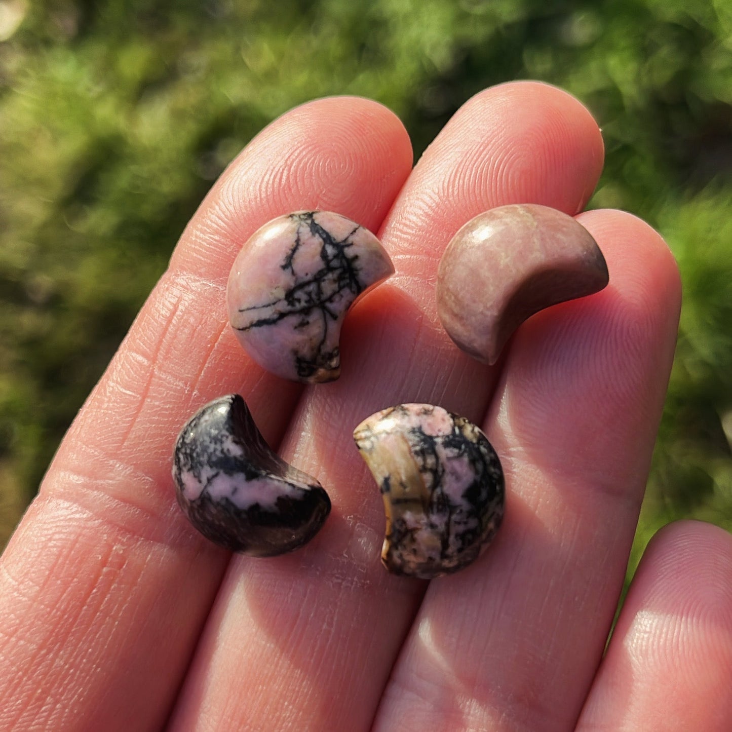 Tiny Rhodonite Moon - Shiny Crystals