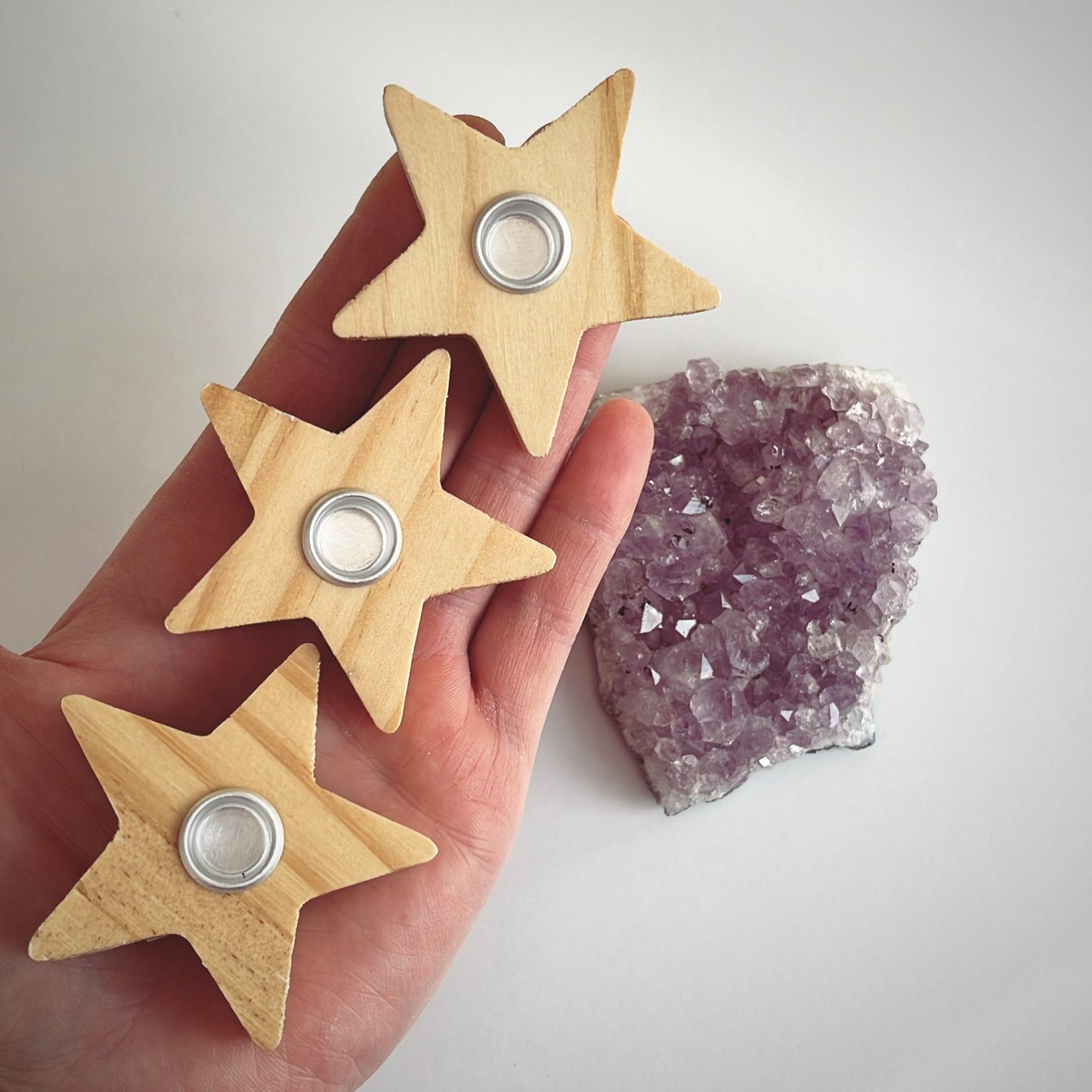 Wooden Star Spell Candle Holder - Shiny Crystals